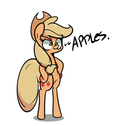 Size: 1280x1280 | Tagged: safe, artist:turtlefarminguy, character:applejack, species:pony, apple, bipedal, food, hooves on hips, text, that pony sure does love apples