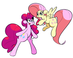Size: 1280x1024 | Tagged: safe, artist:turtlefarminguy, character:fluttershy, character:pinkie pie, species:pony, bipedal, flying, looking at each other, open mouth