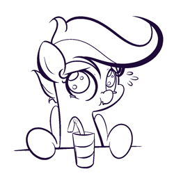 Size: 1000x1000 | Tagged: safe, artist:turtlefarminguy, character:scootaloo, species:pegasus, species:pony, bendy straw, black and white, concerned, drink, drinking straw, female, filly, grayscale, monochrome, scrunchy face, sketch, solo
