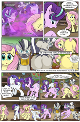 Size: 1800x2740 | Tagged: safe, artist:candyclumsy, commissioner:bigonionbean, writer:bigonionbean, character:fluttershy, character:rarity, character:starlight glimmer, character:zecora, species:pegasus, species:pony, species:unicorn, species:zebra, comic:a step backward's, comic:fusing the fusions, butt expansion, cauldron, collision, comic, commission, confused, coughing, dialogue, embarrassed, female, flank, flustered, fusion, growth, magic, mare, plot, potion, semi-grimdark series, shocked, suggestive series, swelling