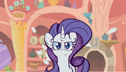 Size: 1280x730 | Tagged: safe, artist:turtlefarminguy, character:rarity, species:pony, episode:look before you sleep, g4, my little pony: friendship is magic, angry, feather, female, frown, golden oaks library, looking at you, rarity is not amused, scene interpretation, solo, unamused