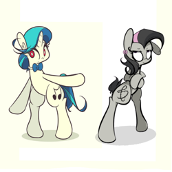 Size: 894x894 | Tagged: safe, artist:turtlefarminguy, character:dj pon-3, character:octavia melody, character:vinyl scratch, species:pony, alternate hairstyle, alternate universe, bipedal, mirror universe, octavia is not amused, personality swap, rocktavia, unamused, vinyl class