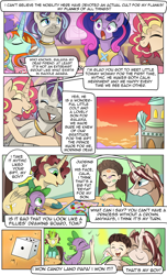 Size: 1800x2952 | Tagged: safe, artist:candyclumsy, commissioner:bigonionbean, writer:bigonionbean, character:spike, oc, oc:king calm merriment, oc:king speedy hooves, oc:princess mythic majestic, oc:princess sincere scholar, oc:queen galaxia, oc:queen motherly morning, oc:tommy the human, species:alicorn, species:human, species:pony, comic:a step backward's, comic:fusing the fusions, alicorn oc, board game, canterlot, castle, cider, comic, commission, dialogue, dice, evening, father and son, food, fusion, fusion:king calm merriment, fusion:king speedy hooves, fusion:princess mythic majestic, fusion:princess sincere scholar, fusion:queen galaxia, fusion:queen motherly morning, gossip, high five, hug, human oc, lipstick, male, semi-grimdark series, suggestive series, tea, towel