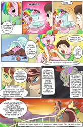 Size: 1800x2740 | Tagged: safe, artist:candyclumsy, commissioner:bigonionbean, writer:bigonionbean, character:king sombra, oc, oc:candy clumsy, oc:king calm merriment, oc:king speedy hooves, oc:tommy the human, species:alicorn, species:human, species:pony, comic:a step backward's, comic:fusing the fusions, accident, alicorn oc, balcony, comic, dialogue, evening, fusion, fusion:king calm merriment, fusion:king speedy hooves, hug, human oc, laughing, milkshake, mistake, riding, semi-grimdark series, serious, serious face, smiling, suggestive series, sunset, undead, wing extensions, zombie, zombie pony