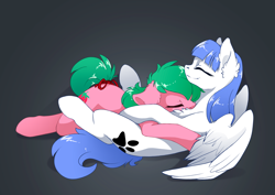 Size: 3500x2475 | Tagged: safe, artist:arctic-fox, oc, oc only, oc:pine berry, oc:snow pup, species:earth pony, species:pegasus, species:pony, bow, chest fluff, cuddling, ear fluff, hug, lying down, patreon, patreon logo, paw prints, resting, sleeping, smiling, spread wings, tail bow, wings