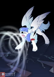 Size: 848x1200 | Tagged: safe, artist:arctic-fox, oc, oc only, oc:snow pup, species:pegasus, species:pony, barking, bolt, clothing, costume, cracks, kigurumi, open mouth, patreon, patreon logo, paws, solo, spread wings, super powers, wings
