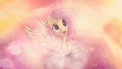 Size: 1920x1080 | Tagged: safe, artist:illumnious, artist:omniscient-duck, artist:skipsy, edit, character:fluttershy, species:pegasus, species:pony, female, mare, open mouth, smiling, solo, wallpaper