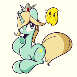 Size: 1280x1280 | Tagged: safe, artist:turtlefarminguy, species:pony, species:unicorn, blonde, blonde hair, blonde mane, clothing, crossover, crown, female, jewelry, large eyes, luma, mare, ponified, raised hoof, regalia, rosalina, round ears, simple background, sitting, solo, super mario bros., thick lineart, yellow background