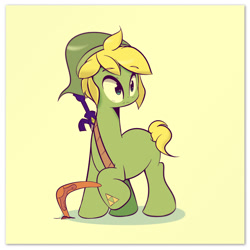 Size: 1280x1280 | Tagged: safe, artist:turtlefarminguy, species:pony, blank flank, blonde, blonde mane, boomerang, clothing, crossover, hat, large eyes, link, male, missing cutie mark, ponified, raised hoof, simple background, solo, stallion, sword, the legend of zelda, weapon, yellow background
