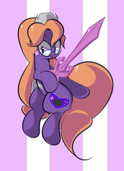 Size: 1280x1760 | Tagged: safe, artist:turtlefarminguy, species:earth pony, species:pony, amethyst, amethyst in gemworld, clothing, eyebrows, eyelashes, female, glasses, mare, open mouth, ponified, simple background, smiling, solo, sword, thick lineart, transparent background, weapon
