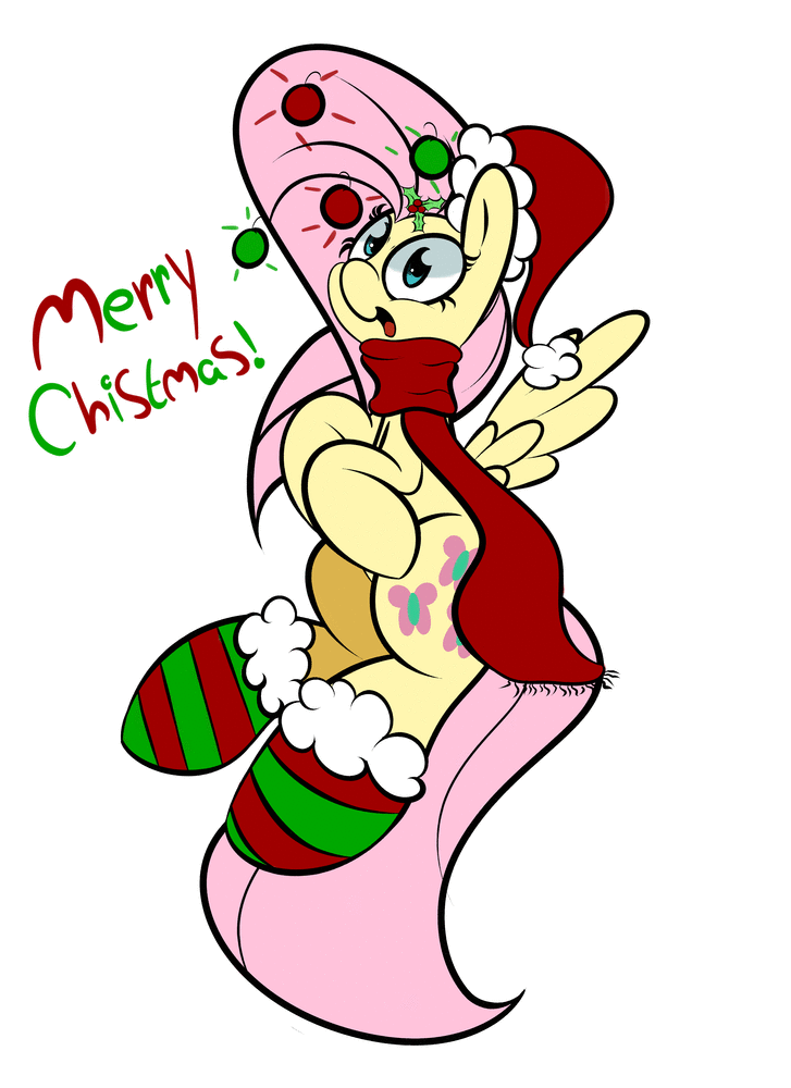 Size: 727x1000 | Tagged: safe, artist:turtlefarminguy, character:fluttershy, animated, christmas, christmas lights, clothing, female, flying, gif, hat, holiday, looking at you, santa hat, scarf, socks, striped socks, text