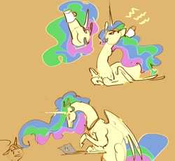 Size: 1200x1107 | Tagged: safe, artist:alumx, character:princess celestia, species:alicorn, species:pony, computer, drinking, female, food, grumpy, horn, laptop computer, long neck, lying down, simple background, sitting, sketch, solo, tea, typing, wings