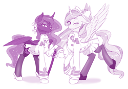 Size: 1280x890 | Tagged: safe, artist:dstears, character:princess celestia, character:princess luna, species:alicorn, species:pony, atago, azur lane, clothing, duo, female, heavy crusier, mare, royal sisters, sakura empire, shipmare, siblings, sisters, takao, uniform