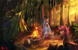 Size: 4000x2554 | Tagged: safe, artist:alumx, character:rainbow dash, character:scootaloo, species:pegasus, species:pony, g4, berries, campfire, camping, campsite, crepuscular rays, cute, cutealoo, dashabetes, female, filly, food, forest, happy, hoof hold, log, looking up, mare, marshmallow, mouth hold, nature, open mouth, open smile, outdoors, pot, scenery, scootalove, signature, sitting, smiling, stick, tent, tree