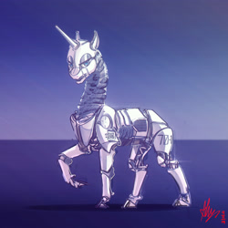 Size: 4000x4000 | Tagged: safe, artist:alumx, oc, oc only, species:pony, species:unicorn, absurd resolution, digital art, metallic, painting, patreon, raised hoof, robot, robot pony, solo