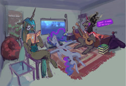 Size: 3608x2469 | Tagged: safe, artist:alumx, character:king sombra, character:princess luna, character:queen chrysalis, species:alicorn, species:changeling, species:pony, g4, anyways here's wonderwall, bed, book, changeling queen, dork, dorkalis, dorm, eyes closed, female, glasses, guitar, male, mare, nerd, oasis (band), patreon sketch, reading, singing, stallion, wonderwall