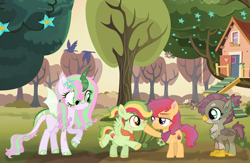 Size: 2100x1368 | Tagged: safe, artist:andoanimalia, artist:erisgrim, artist:mlp-vector-collabs, artist:sitnich, artist:unoriginai, oc, oc only, parent:apple bloom, parent:babs seed, parent:gabby, parent:scootaloo, parent:spike, parent:sweetie belle, parents:scootabloom, parents:spikebelle, species:bird, species:dracony, species:hippogriff, species:kirin, species:pegasus, species:pony, species:rabbit, species:raven, boop, clubhouse, colt, crusaders clubhouse, cute, female, filly, flower, flower in hair, flying, flying squirrel, hummingbird, hybrid, interspecies offspring, magical lesbian spawn, male, next generation, ocbetes, offspring, parents:gabseed, story included, teenager, tree, treehouse