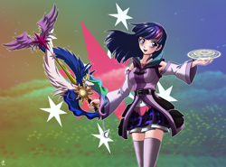 Size: 3156x2336 | Tagged: safe, artist:mauroz, character:twilight sparkle, species:human, armpits, breasts, clothing, crossover, disney, female, high res, humanized, keyblade, kingdom hearts, kingdom hearts 3, magic, magic circle, smiling, solo