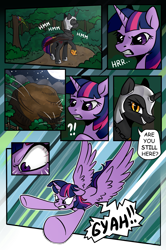 Size: 1243x1877 | Tagged: safe, artist:candyclumsy, artist:nancy-05, character:twilight sparkle, character:twilight sparkle (alicorn), oc, oc:fallenlight, species:alicorn, species:pony, comic:curse and madness, angry, armor, boulder, comic, everfree forest, female, flying, forest, helmet, hoof shoes, imminent doom, jewelry, mare, mlpcam, moon, necklace, night, semi-grimdark series, sky, stars, text, text bubbles, tree, wings
