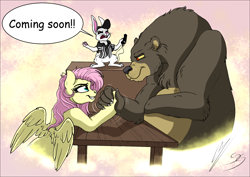 Size: 1714x1214 | Tagged: safe, artist:lupiarts, artist:snoopystallion, character:angel bunny, character:fluttershy, character:harry, species:pegasus, species:pony, species:rabbit, :t, abstract background, angry, animal, arm wrestling, bear, cheek fluff, clothing, collaboration, comic, comic sans, comic sins, desk, eye contact, female, frown, grin, hat, looking at each other, male, mare, open mouth, referee, referee shirt, shirt, smiling, smirk, spread wings, surprised, sweat, table, text, underhoof, whistle, wing fluff, wings