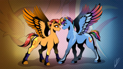 Size: 3265x1837 | Tagged: safe, artist:lupiarts, character:rainbow dash, character:spitfire, species:pegasus, species:pony, ship:spitdash, g5 leak, duo, female, leg warmers, lesbian, rainbow dash (g5), shipping, spread wings, tail wrap, wallpaper, wings