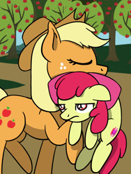 Size: 1350x1800 | Tagged: safe, artist:flutterluv, character:apple bloom, character:applejack, species:earth pony, species:pony, apple bloom is not amused, apple tree, applejack's hat, behaving like a cat, bow, carrying, clothing, cowboy hat, eyes closed, female, filly, hair bow, hat, holding a pony, mare, mouth hold, ponified animal photo, scruff, tree, unamused