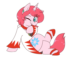 Size: 2800x2200 | Tagged: safe, artist:notenoughapples, oc, oc only, oc:diamond stellar, species:pony, species:unicorn, clothing, crossed legs, ear piercing, earring, female, final fantasy, hair over one eye, high heels, hoodie, jewelry, lipstick, mare, one eye closed, piercing, shoes, simple background, sitting, solo, transparent background, white mage, wink