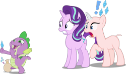 Size: 3442x2032 | Tagged: safe, artist:badumsquish, artist:dogjedi, artist:dragonchaser123, artist:sinkbon, artist:sketchmcreations, artist:tardifice, edit, editor:slayerbvc, character:rarity, character:spike, character:starlight glimmer, species:dragon, species:pony, species:unicorn, cutie mark, exclamation point, faec, female, furless, furless edit, holding, male, mare, nervous, no eyelashes, nude edit, nudity, panicking, pictogram, raised hoof, sack, shaved, shaved tail, simple background, this will end in death, this will end in tears, this will end in tears and/or death, transparent background, vector, vector edit, winged spike, worried