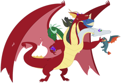 Size: 1024x688 | Tagged: safe, artist:queencold, character:dragon lord torch, species:dragon, chromatic dragon, crossover, dark magic, dragoness, dungeons and dragons, duo, female, five heads, magic, male, multiple heads, pen and paper rpg, rpg, simple background, sombra eyes, stinger, tiamat, transparent background