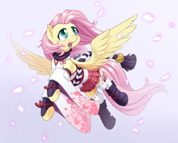 Size: 1280x1028 | Tagged: safe, artist:dstears, character:fluttershy, species:pegasus, species:pony, boots, clothing, crossover, female, flower petals, flying, game, gradient background, head turn, honkai impact 3rd, looking at something, looking up, mare, miko, miniskirt, mobile game, open mouth, petals, plaid skirt, pleated skirt, shoes, skirt, smiling, socks, solo, spread wings, thigh highs, wings, yae sakura