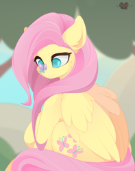 Size: 3000x3800 | Tagged: safe, artist:xsatanielx, rcf community, character:fluttershy, species:pegasus, species:pony, butterfly, butterfly on nose, cross-eyed, cute, female, insect on nose, looking at something, mare, shyabetes, sitting, smiling, solo, wings