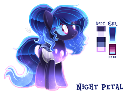 Size: 1265x976 | Tagged: safe, artist:sugaryicecreammlp, oc, oc:night petal, parent:oc:lullaby, parent:thorax, parents:canon x oc, species:changepony, ethereal mane, female, hybrid, interspecies offspring, offspring, reference sheet, simple background, solo, transparent background