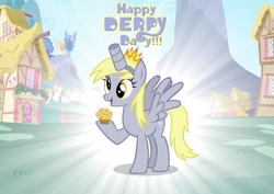 Size: 3457x2452 | Tagged: safe, artist:andoanimalia, character:derpy hooves, species:pegasus, species:pony, cute, derpabetes, derpy day, derpy day 2019, fake horn, female, food, muffin, ponyville, solo
