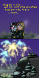 Size: 800x1583 | Tagged: safe, artist:captainhoers, character:soarin', character:spitfire, species:pegasus, species:pony, ship:soarinfire, beard, blushing, clothing, crying, facial hair, female, firestarter spitfire, fireworks, frost breath, goggles, hug, jacket, male, night, shipping, snow, straight, visible breath