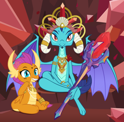Size: 800x787 | Tagged: safe, artist:queencold, character:princess ember, character:smolder, species:dragon, armband, bloodstone scepter, bracelet, coral, crown, dragon lands, dragon lord ember, dragoness, duo, face paint, featured on derpibooru, female, gem, horn ring, i can't believe it's not hasbro studios, jewelry, looking at you, markings, necklace, nice hat, pearl necklace, queen, regalia, ring, shell, show accurate, tribal, tribal jewelry, tribal marking, tribal markings