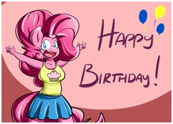 Size: 1500x1078 | Tagged: safe, artist:sanders, character:pinkie pie, species:anthro, armpits, breasts, clothing, cute, female, happy birthday, looking at you, miniskirt, moe, open mouth, skirt, smiling, solo, tank top