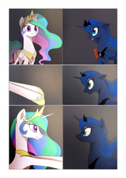 Size: 1024x1449 | Tagged: safe, artist:gashiboka, character:princess celestia, character:princess luna, species:alicorn, species:pony, comic:scar of solar, book, comic, comics, cute, cutelestia, diary, duo, eye contact, female, floppy ears, frown, gritted teeth, hooves out, hooves up, horn, hug request, incoming hug, jewelry, lidded eyes, looking at each other, lunabetes, mare, outstretched arms, raised hoof, reaching out, regalia, royal sisters, sad, smiling, wings