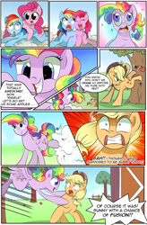Size: 1800x2740 | Tagged: safe, artist:candyclumsy, artist:multi-commer, character:applejack, character:pinkie pie, character:rainbow dash, oc, species:earth pony, species:pegasus, species:pony, comic:the great big fusion, comic, fuse, fusion, fusion:rainbow cupcake, hybrid, merging, pranked, scared, shocked, tackle, thunder, wtf, xk-class end-of-the-world scenario