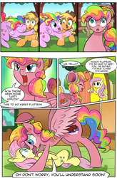 Size: 1800x2740 | Tagged: safe, artist:candyclumsy, artist:multi-commer, character:applejack, character:fluttershy, character:pinkie pie, character:rainbow dash, oc, species:pegasus, species:pony, comic:the great big fusion, bowler hat, clothing, comic, cowboy hat, fusion, fusion:rainbow cupcake, fusion:zap apple cake, hair bun, hat, hybrid, merge, merging, shocked, stetson, surprised, wtf, xk-class end-of-the-world scenario