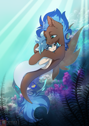 Size: 1061x1500 | Tagged: safe, artist:arctic-fox, oc, oc only, oc:ash wing, oc:nimble wing, species:earth pony, species:pegasus, species:pony, species:seapony (g4), ear fluff, female, hug, looking at each other, male, mare, patreon, patreon logo, romantic, shipping, stallion, underwater
