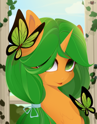 Size: 3000x3800 | Tagged: safe, artist:xsatanielx, rcf community, oc, oc only, oc:main puppet, species:pony, species:unicorn, bust, butterfly, commission, female, mare, portrait, solo