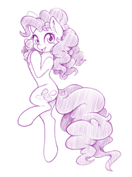 Size: 748x1000 | Tagged: safe, artist:dstears, character:pinkie pie, species:earth pony, species:pony, bipedal, cute, diapinkes, female, looking at you, mare, monochrome, open mouth, simple background, solo, white background