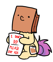 Size: 550x650 | Tagged: safe, artist:paperbagpony, derpibooru original, oc, oc only, oc:paper bag, species:earth pony, species:pony, female, hoof hold, mare, paper bag, sign, simple background, sitting, solo, white background