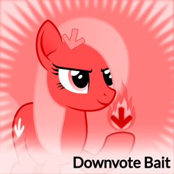 Size: 1024x1024 | Tagged: safe, artist:arifproject, edit, oc, oc only, oc:downvote, species:pony, derpibooru, derpibooru ponified, >:), downvote, downvote bait, downvote's downvotes, downvotes are upvotes, earth pony magic, female, fire, mare, meta, ponified, smiling, smirk, spoilered image joke