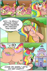 Size: 1800x2740 | Tagged: safe, artist:candyclumsy, artist:multi-commer, character:applejack, character:fluttershy, character:pinkie pie, character:rainbow dash, oc, species:pegasus, species:pony, comic:the great big fusion, angel, bowler hat, braided tail, clothing, comic, fusion, fusion:fluttering zap apple pie, fusion:zap apple cake, hair bun, hat, hybrid, melting, merge, merging, the ass was fat, xk-class end-of-the-world scenario