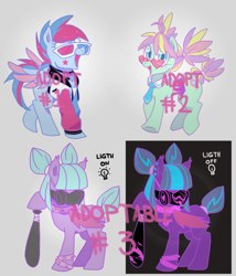 Size: 1200x1400 | Tagged: safe, artist:paperbagpony, oc, oc:natural vision, species:bat, species:bat pony, species:pegasus, species:pony, 3d glasses, adoptable, choker, clothing, collaboration, collar, female, freckles, gas mask, glasses, heart, jacket, mare, mask, necktie, neon, pigtails