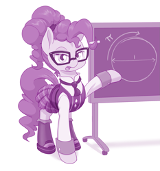 Size: 1119x1200 | Tagged: safe, artist:dstears, character:pinkie pie, species:earth pony, species:pony, adorkable, clothing, crystal prep academy uniform, cute, dork, female, glasses, mare, monochrome, pi, pi day, pleated skirt, ponytail, pun, school uniform, shoes, skirt, socks, solo, teacher, visual gag