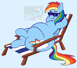 Size: 3084x2700 | Tagged: safe, artist:graphenescloset, character:rainbow dash, species:pegasus, species:pony, episode:too many pinkie pies, g4, my little pony: friendship is magic, adorafatty, arm behind head, beach chair, belly, big belly, crossed legs, cute, dashabetes, fat, female, high res, mare, obese, rainblob dash, scene interpretation, smiling, solo, sunglasses, tubby wubby pony waifu