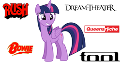 Size: 1422x729 | Tagged: safe, artist:andoanimalia, character:twilight sparkle, character:twilight sparkle (alicorn), species:alicorn, species:pony, episode:uncommon bond, g4, my little pony: friendship is magic, bands, cute, david bowie, dream theater, female, heavy metal, looking at you, music, progressive metal, progressive rock, queensrÿche, rush (band), simple background, smiling, solo, tool (band), twiabetes, vector, white background