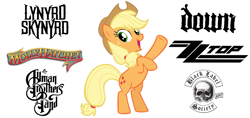Size: 1525x720 | Tagged: safe, artist:andoanimalia, character:applejack, species:earth pony, species:pony, episode:the cutie map, g4, my little pony: friendship is magic, bands, bipedal, black label society, clothing, cowboy hat, cute, down (band), female, freckles, groove metal, hat, heavy metal, hoof in air, jackabetes, lynyrd skynyrd, molly hatchet, music, open mouth, sludge metal, solo, southern rock, stetson, the allman brothers band, vector, yee haw, zz top